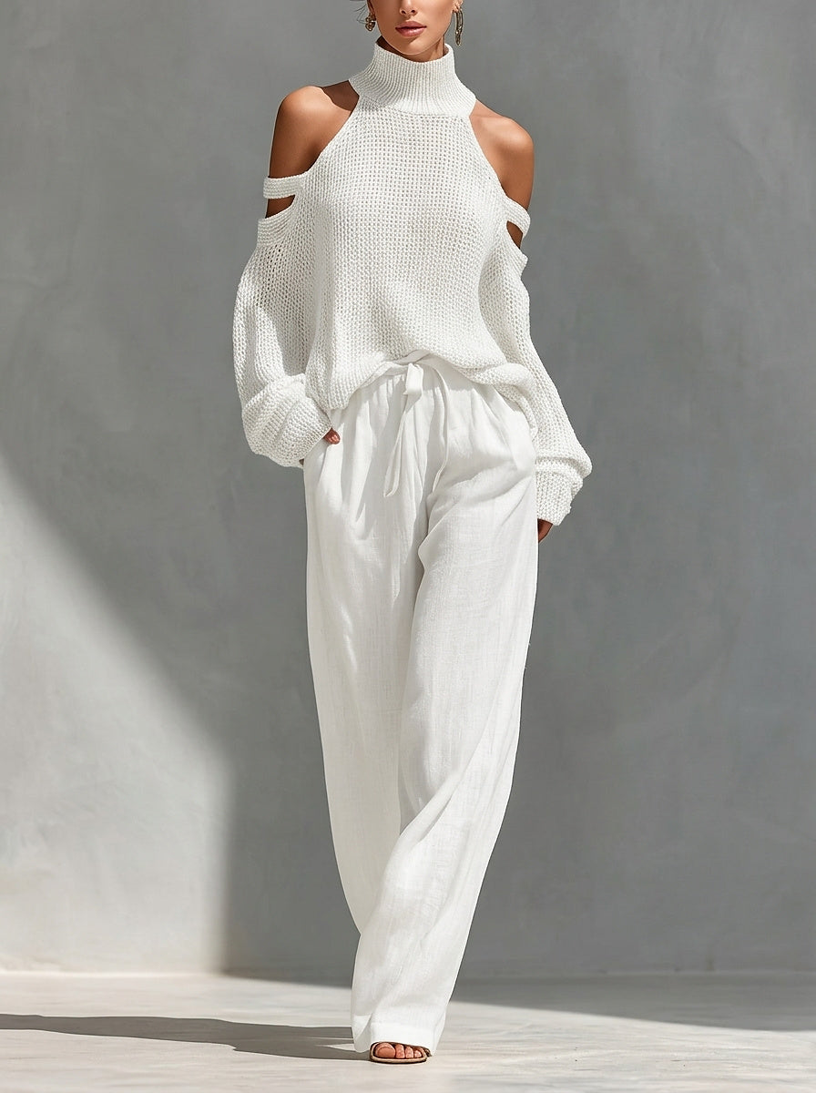 Conjunto de suéter de punto con hombros descubiertos y pantalón de pierna ancha para mujer-Sets for women-Casaluzia
