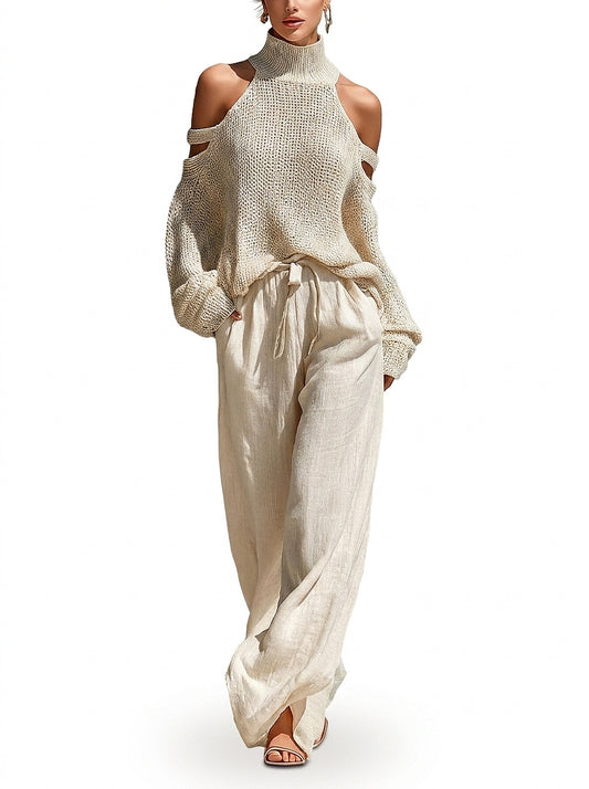 Conjunto de suéter de punto con hombros descubiertos y pantalón de pierna ancha para mujer-Sets for women-Casaluzia