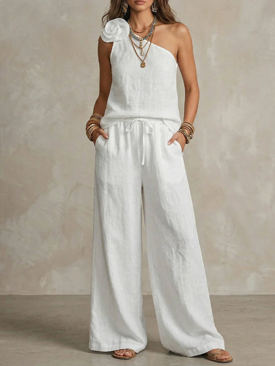 Conjunto de Top de un Hombro con Flor y Pantalones de Pernera Ancha para Mujer-Sets for women-Casaluzia