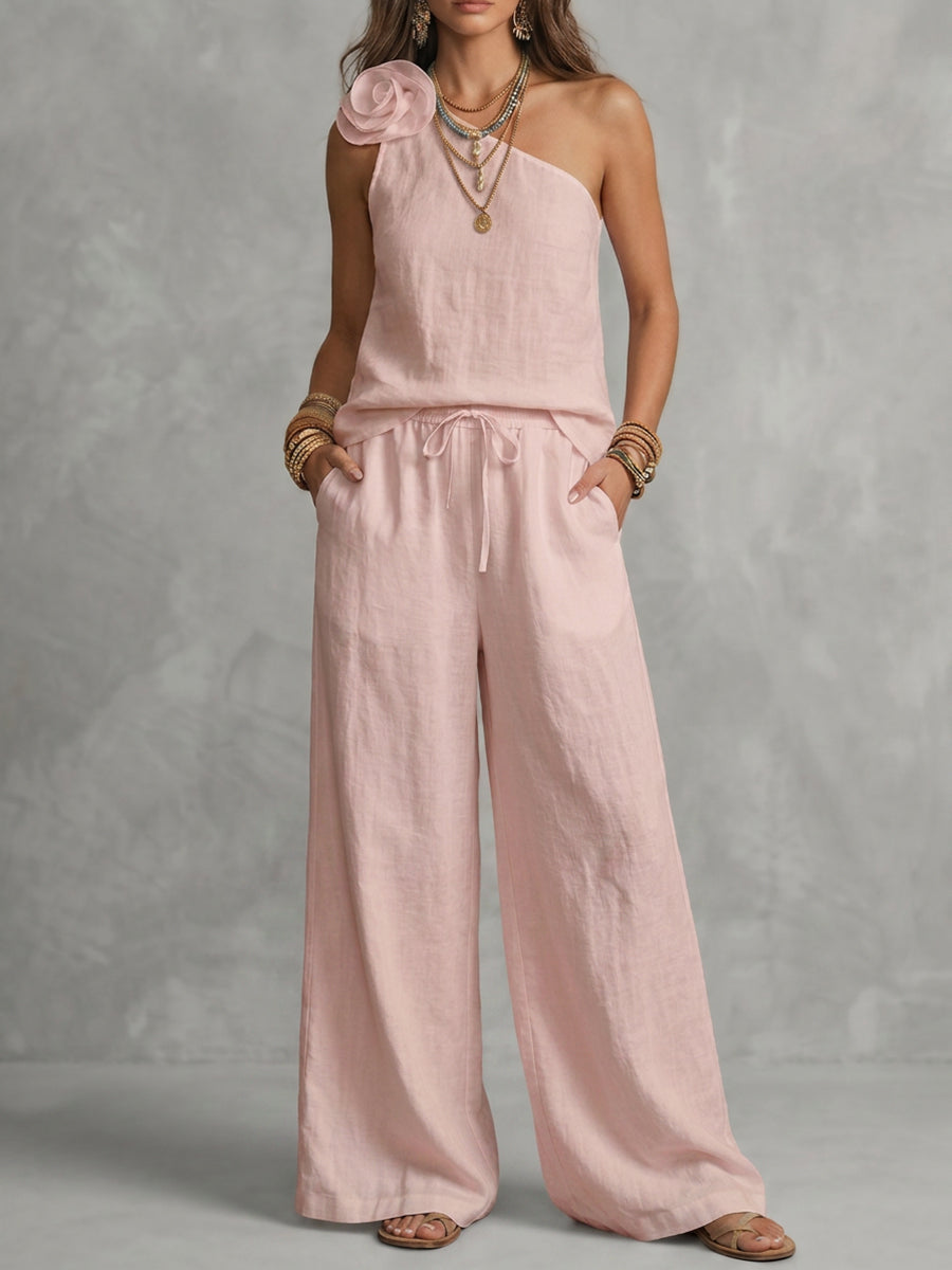Conjunto de Top de un Hombro con Flor y Pantalones de Pernera Ancha para Mujer-Sets for women-Casaluzia