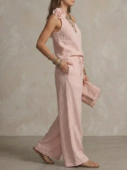 Conjunto de Top de un Hombro con Flor y Pantalones de Pernera Ancha para Mujer-Sets for women-Casaluzia