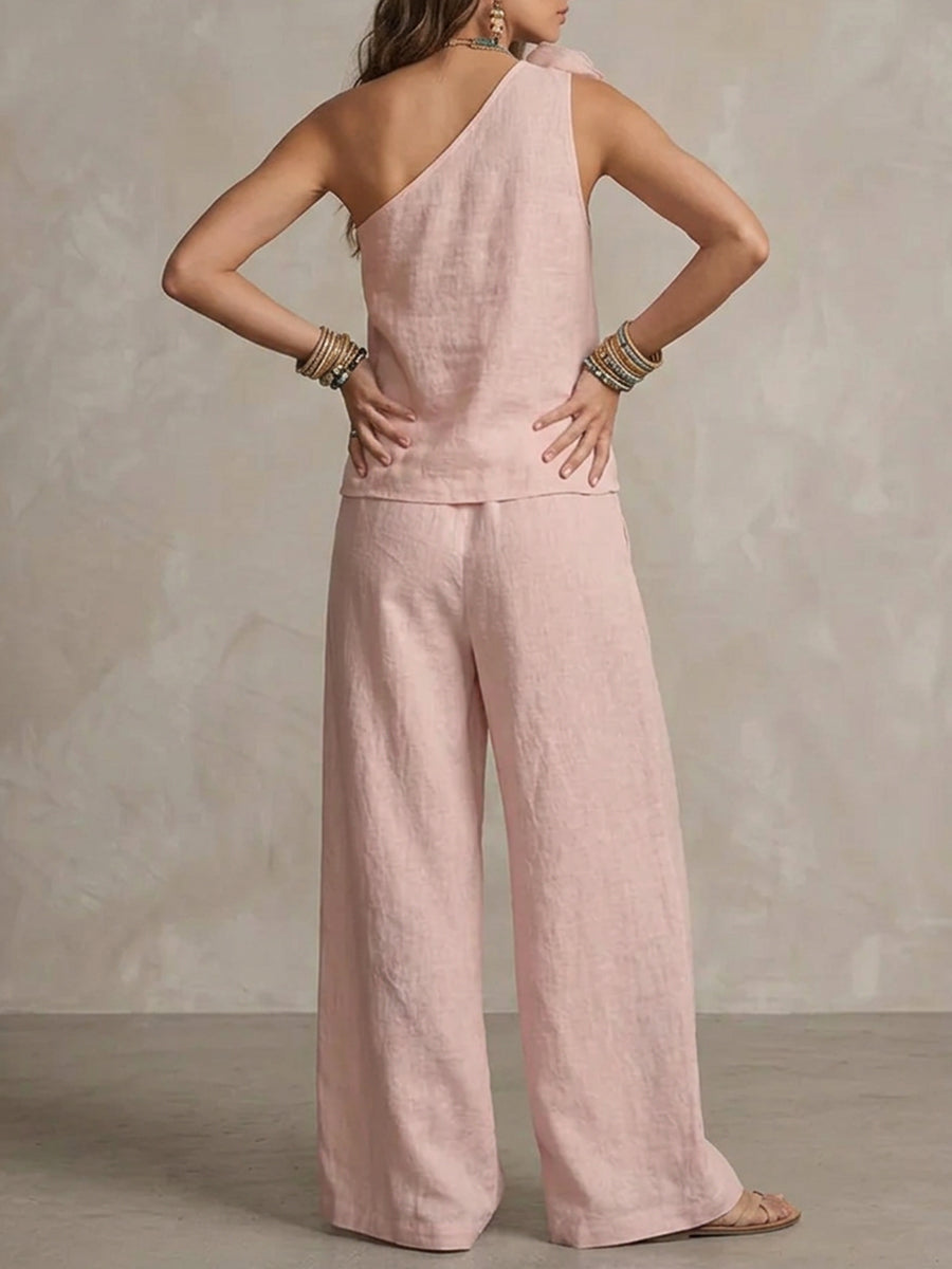 Conjunto de Top de un Hombro con Flor y Pantalones de Pernera Ancha para Mujer-Sets for women-Casaluzia