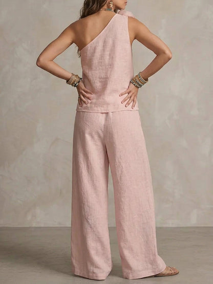 Conjunto de Top de un Hombro con Flor y Pantalones de Pernera Ancha para Mujer-Sets for women-Casaluzia