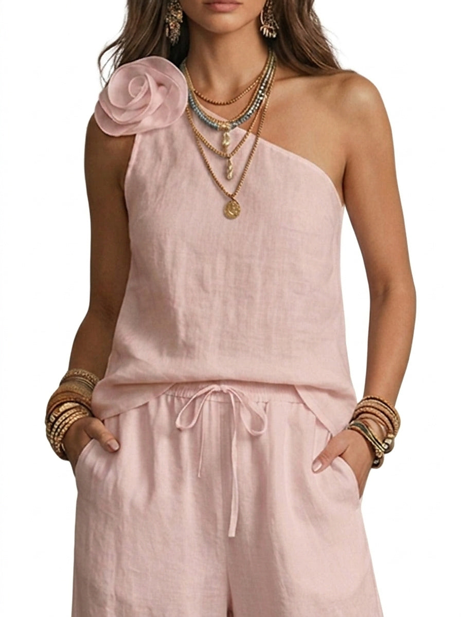 Conjunto de Top de un Hombro con Flor y Pantalones de Pernera Ancha para Mujer-Sets for women-Casaluzia