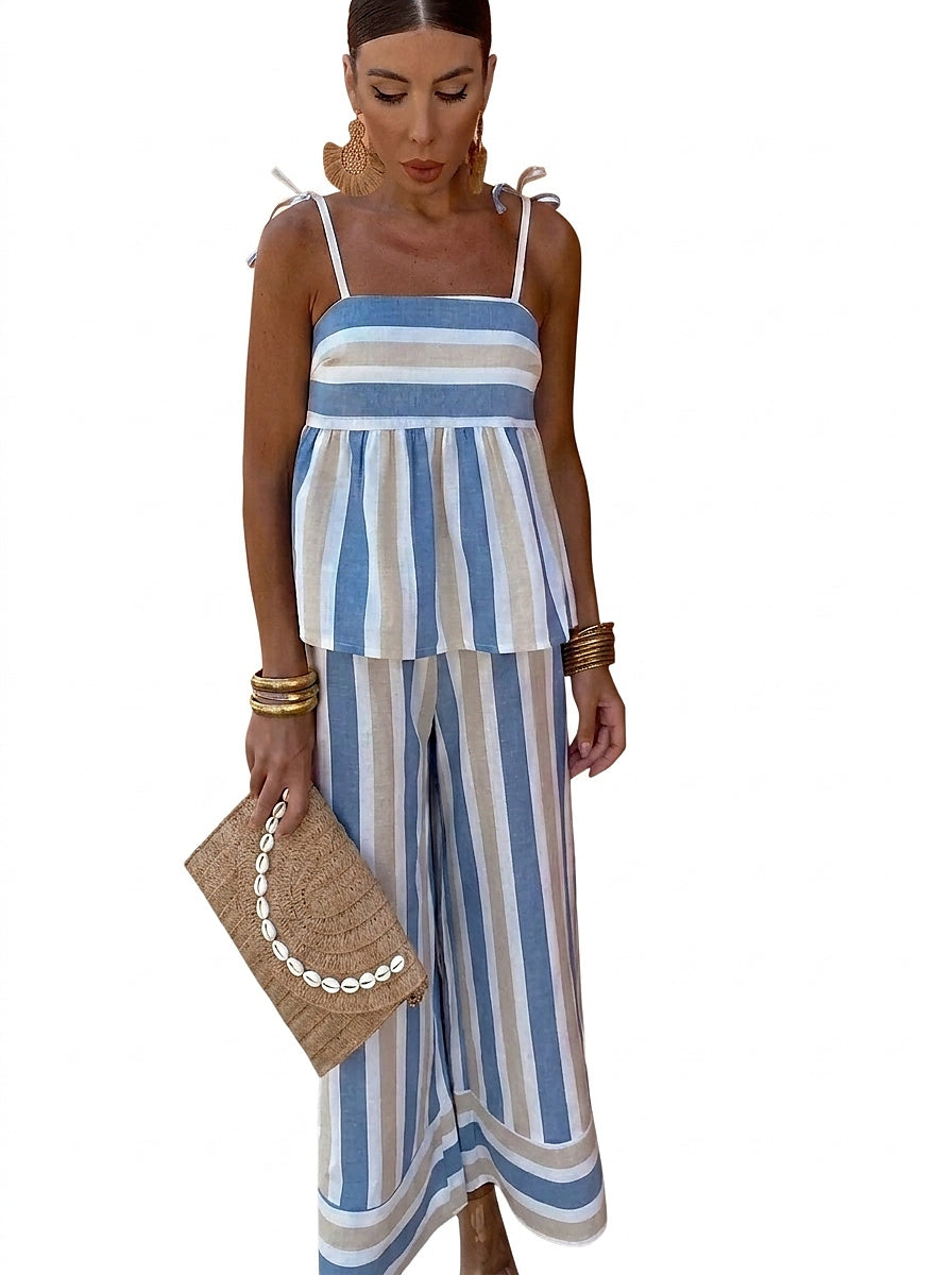 Conjunto de top peplum a rayas y pantalones de pernera ancha para mujer-Sets for women-Casaluzia