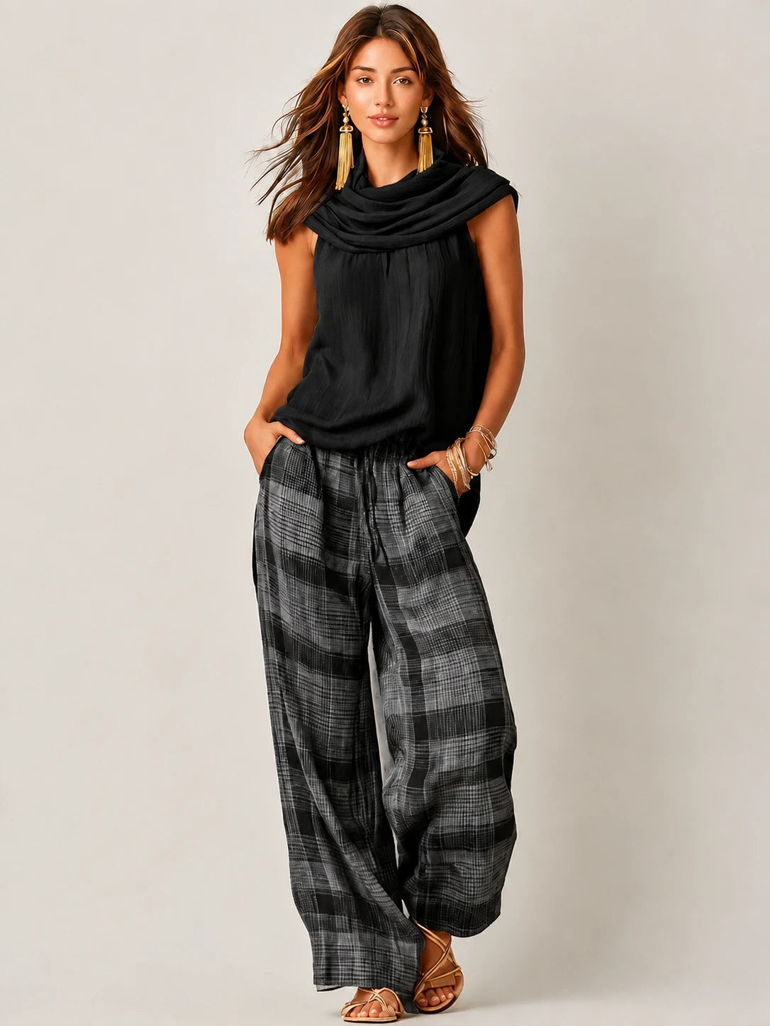 Conjunto de top sin mangas con cuello tipo cowl y pantalón de pierna ancha a cuadros para mujer-Sets for women-Casaluzia
