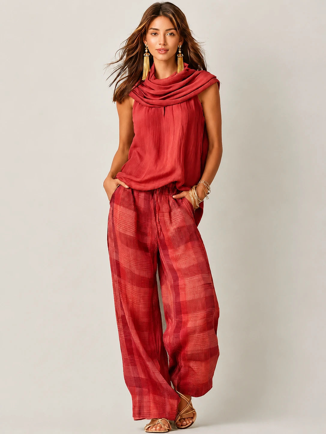 Conjunto de top sin mangas con cuello tipo cowl y pantalón de pierna ancha a cuadros para mujer-Sets for women-Casaluzia