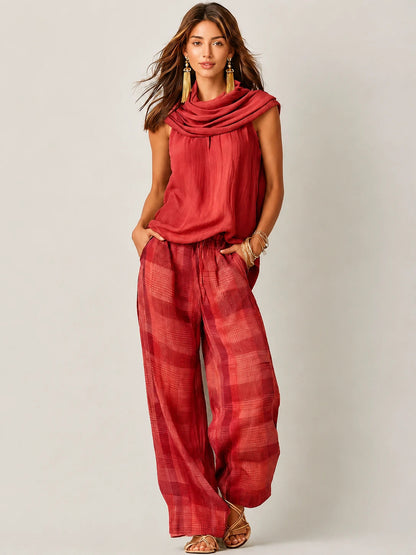 Conjunto de top sin mangas con cuello tipo cowl y pantalón de pierna ancha a cuadros para mujer-Sets for women-Casaluzia