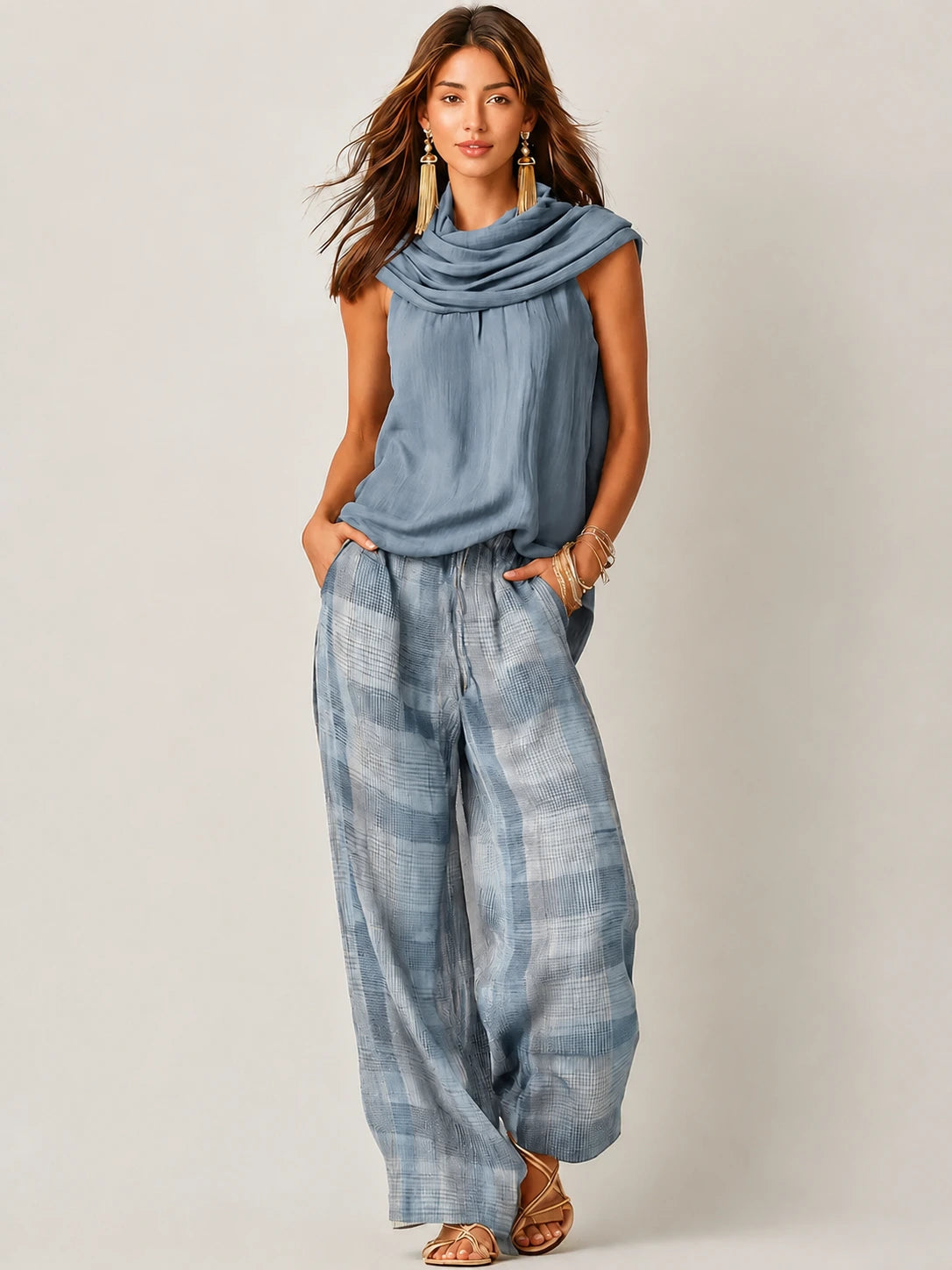 Conjunto de top sin mangas con cuello tipo cowl y pantalón de pierna ancha a cuadros para mujer-Sets for women-Casaluzia