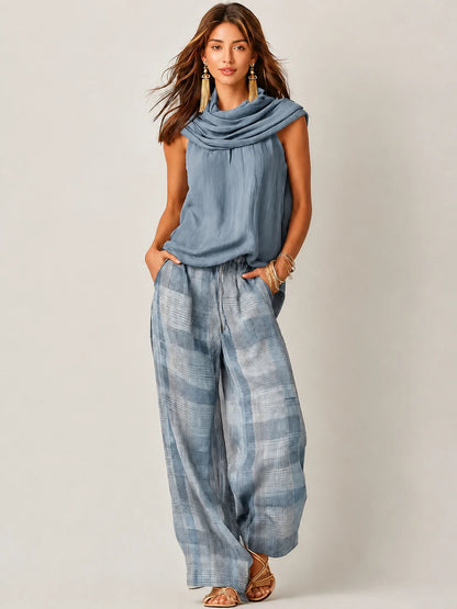 Conjunto de top sin mangas con cuello tipo cowl y pantalón de pierna ancha a cuadros para mujer-Sets for women-Casaluzia