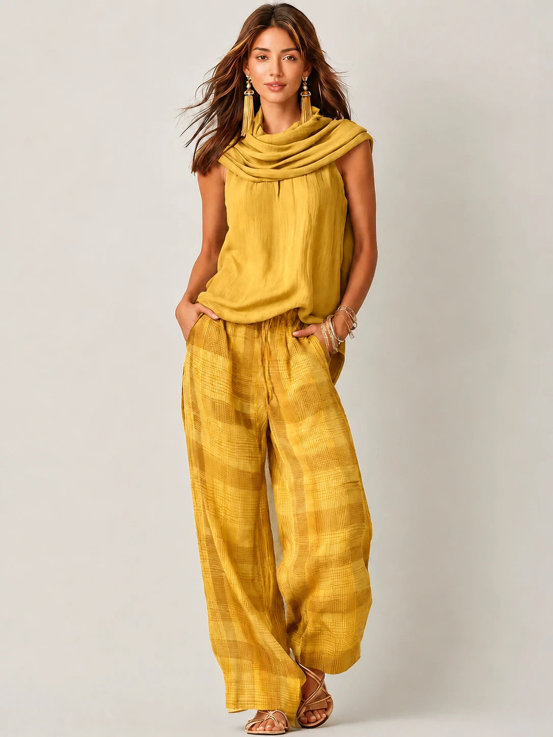 Conjunto de top sin mangas con cuello tipo cowl y pantalón de pierna ancha a cuadros para mujer-Sets for women-Casaluzia