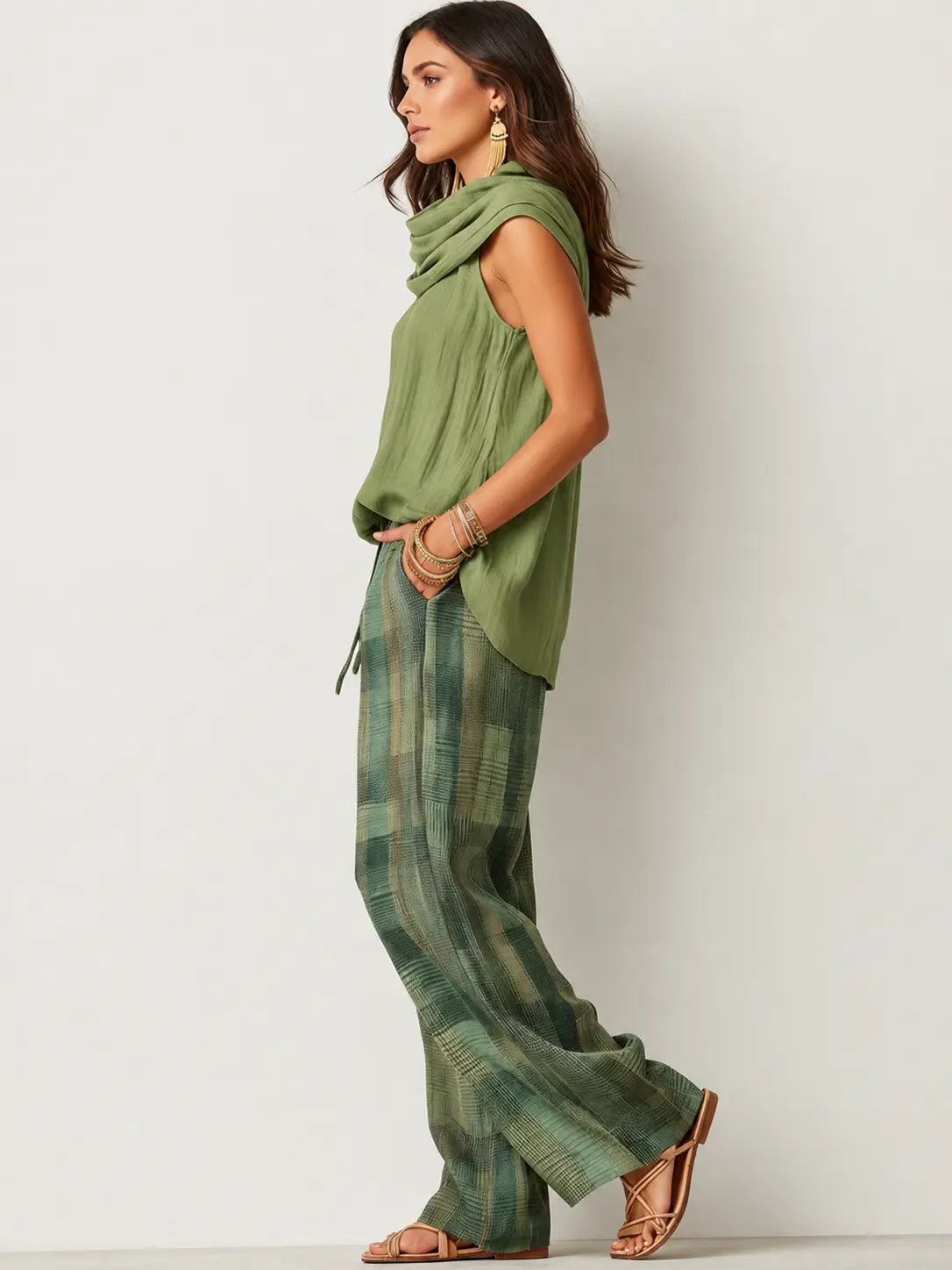 Conjunto de top sin mangas con cuello tipo cowl y pantalón de pierna ancha a cuadros para mujer-Sets for women-Casaluzia