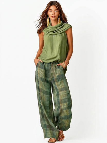 Conjunto de top sin mangas con cuello tipo cowl y pantalón de pierna ancha a cuadros para mujer-Sets for women-Casaluzia