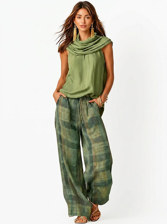 Conjunto de top sin mangas con cuello tipo cowl y pantalón de pierna ancha a cuadros para mujer-Sets for women-Casaluzia