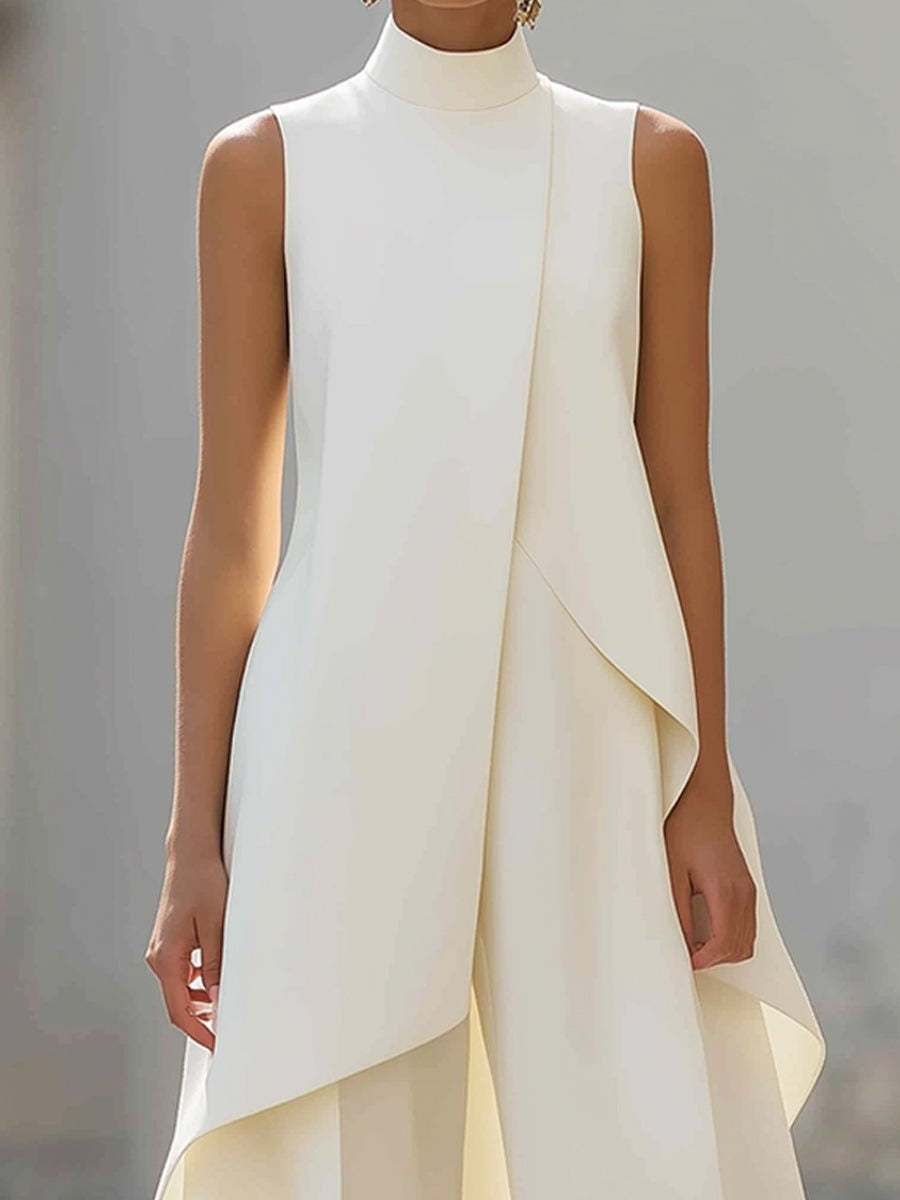 Conjunto de túnica asimétrica sin mangas con cuello alto para mujer-Sets for women-Casaluzia