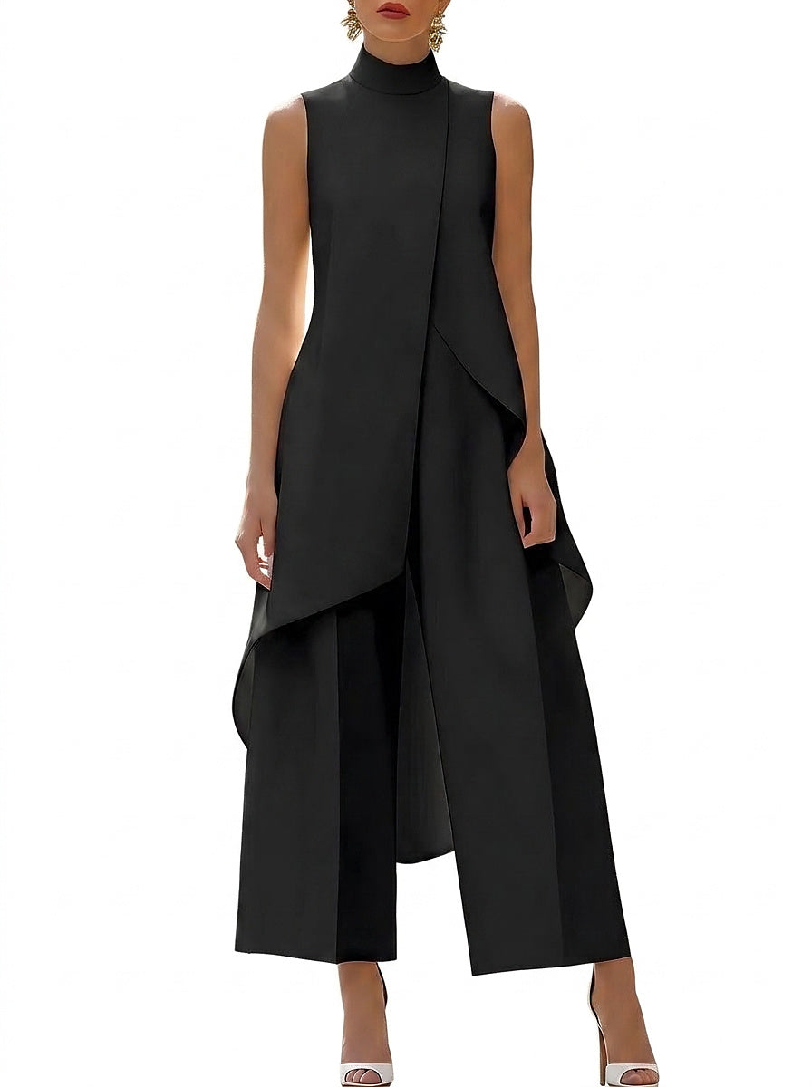 Conjunto de túnica asimétrica sin mangas con cuello alto para mujer-Sets for women-Casaluzia