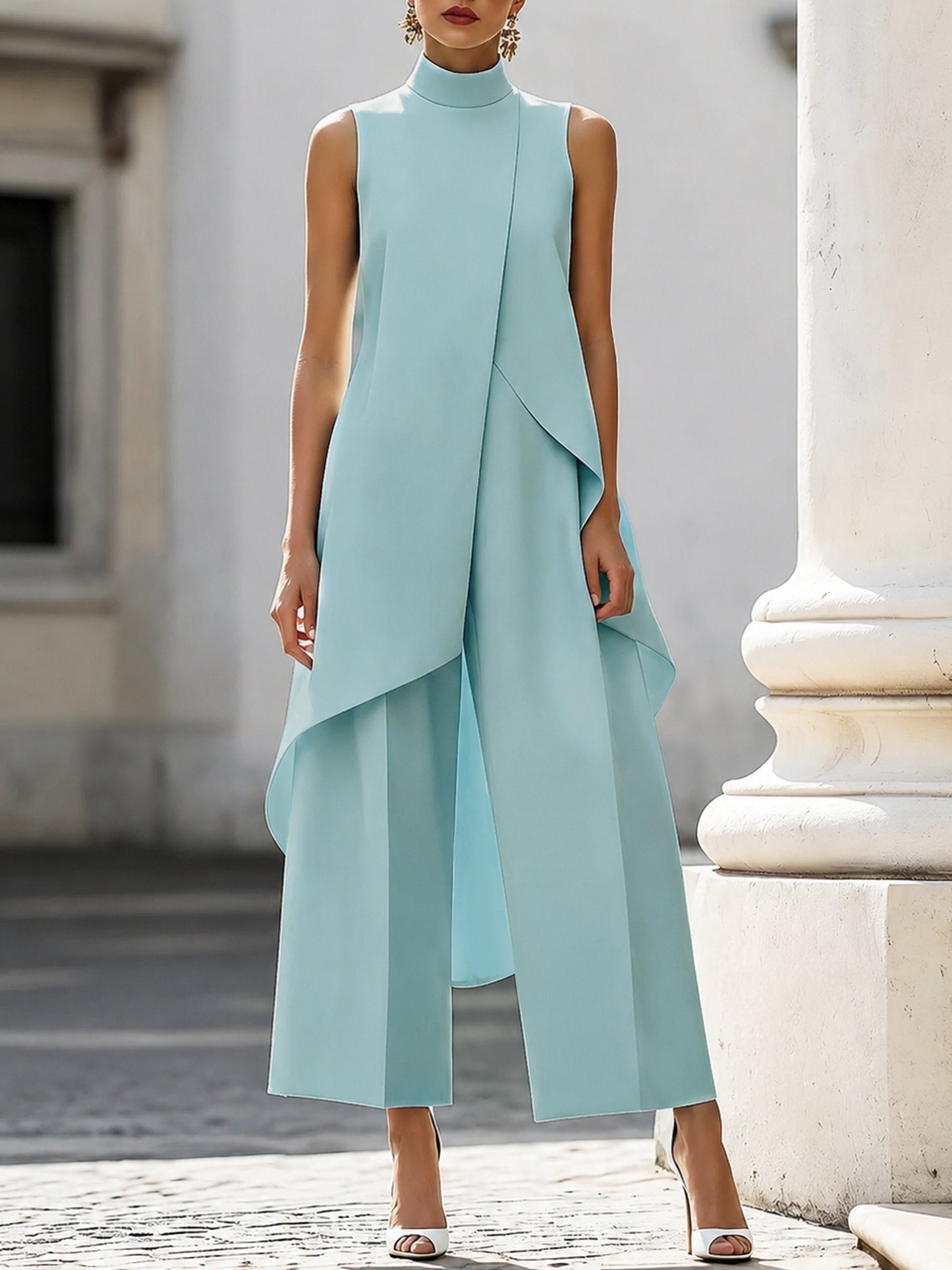 Conjunto de túnica asimétrica sin mangas con cuello alto para mujer-Sets for women-Casaluzia