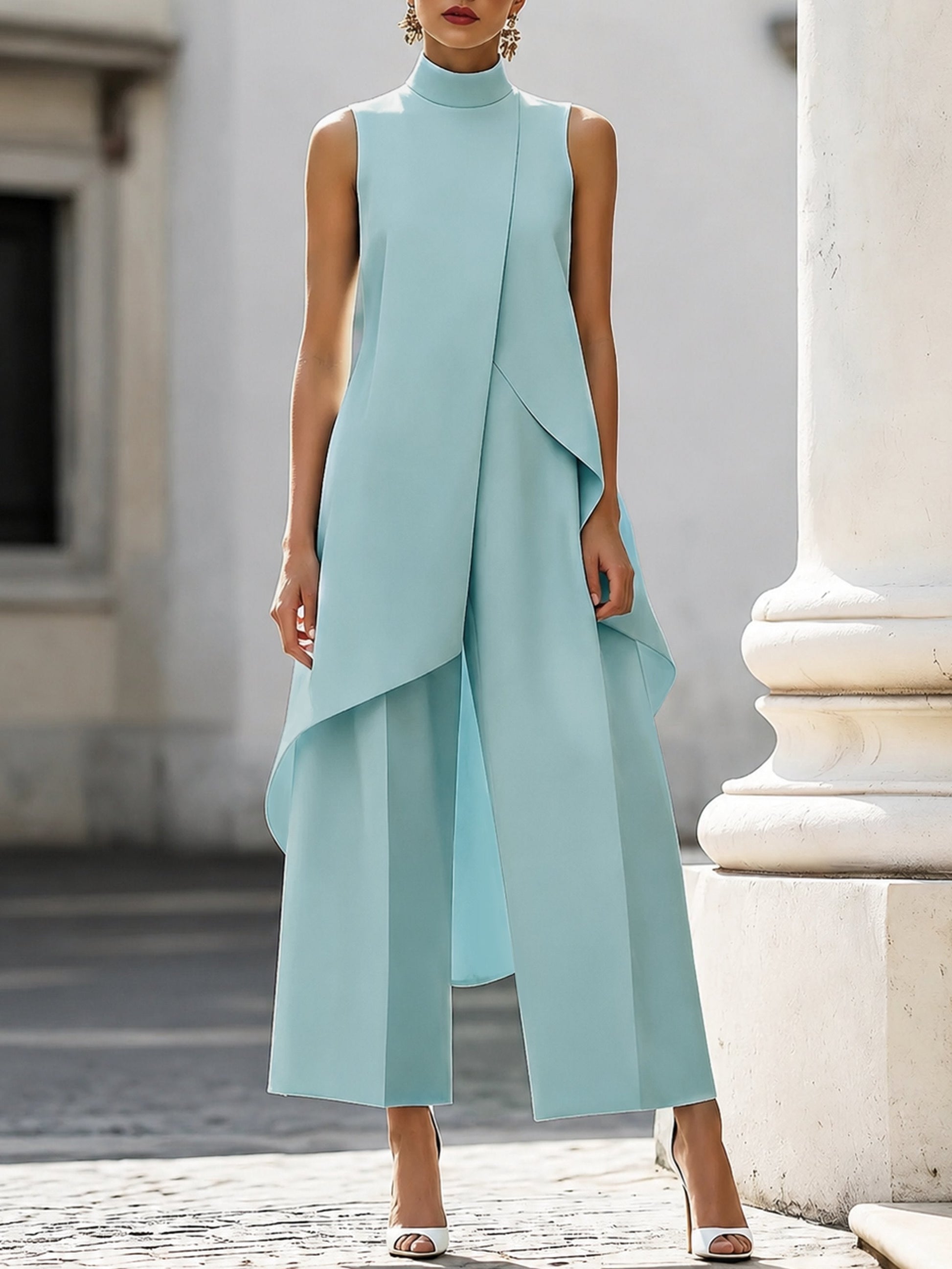 Conjunto de túnica asimétrica sin mangas con cuello alto para mujer-Sets for women-Casaluzia