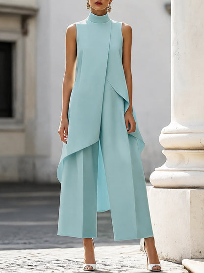 Conjunto de túnica asimétrica sin mangas con cuello alto para mujer-Sets for women-Casaluzia