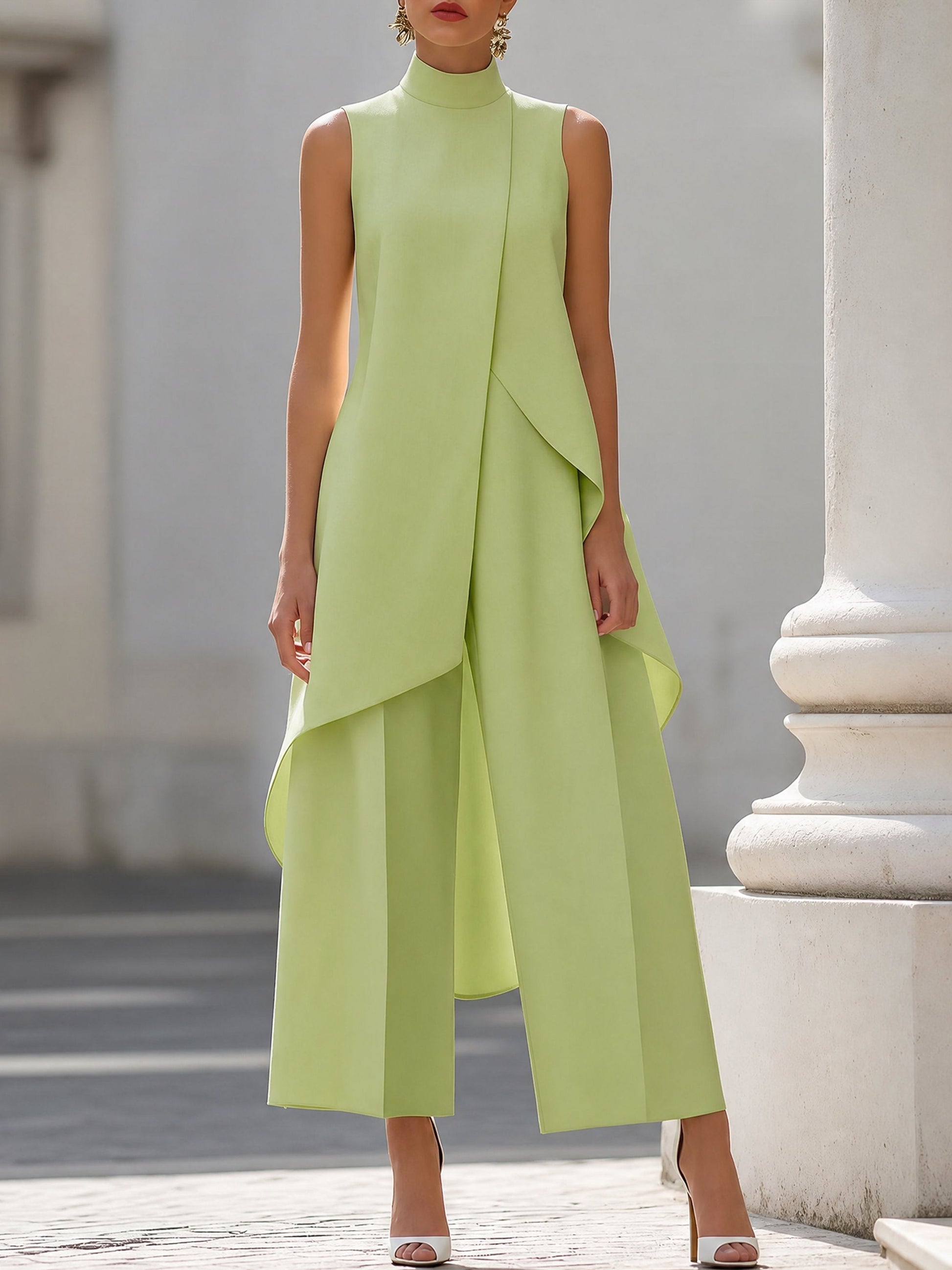 Conjunto de túnica asimétrica sin mangas con cuello alto para mujer-Sets for women-Casaluzia
