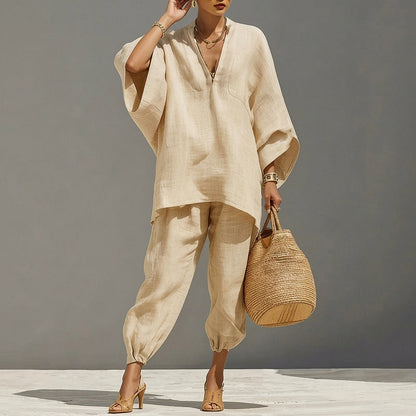 Conjunto de túnica de lino y pantalones de pernera ancha para mujer-Sets for women-Casaluzia