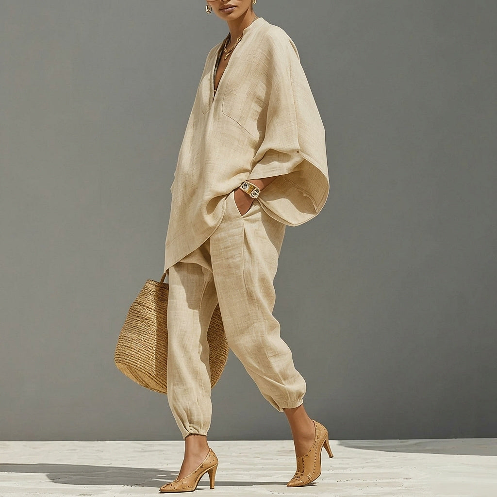 Conjunto de túnica de lino y pantalones de pernera ancha para mujer-Sets for women-Casaluzia