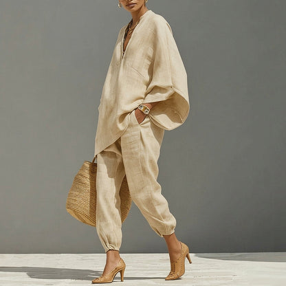 Conjunto de túnica de lino y pantalones de pernera ancha para mujer-Sets for women-Casaluzia