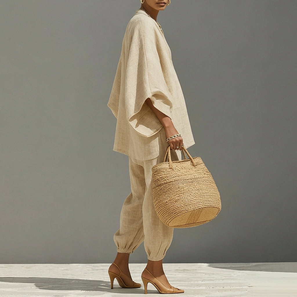 Conjunto de túnica de lino y pantalones de pernera ancha para mujer-Sets for women-Casaluzia
