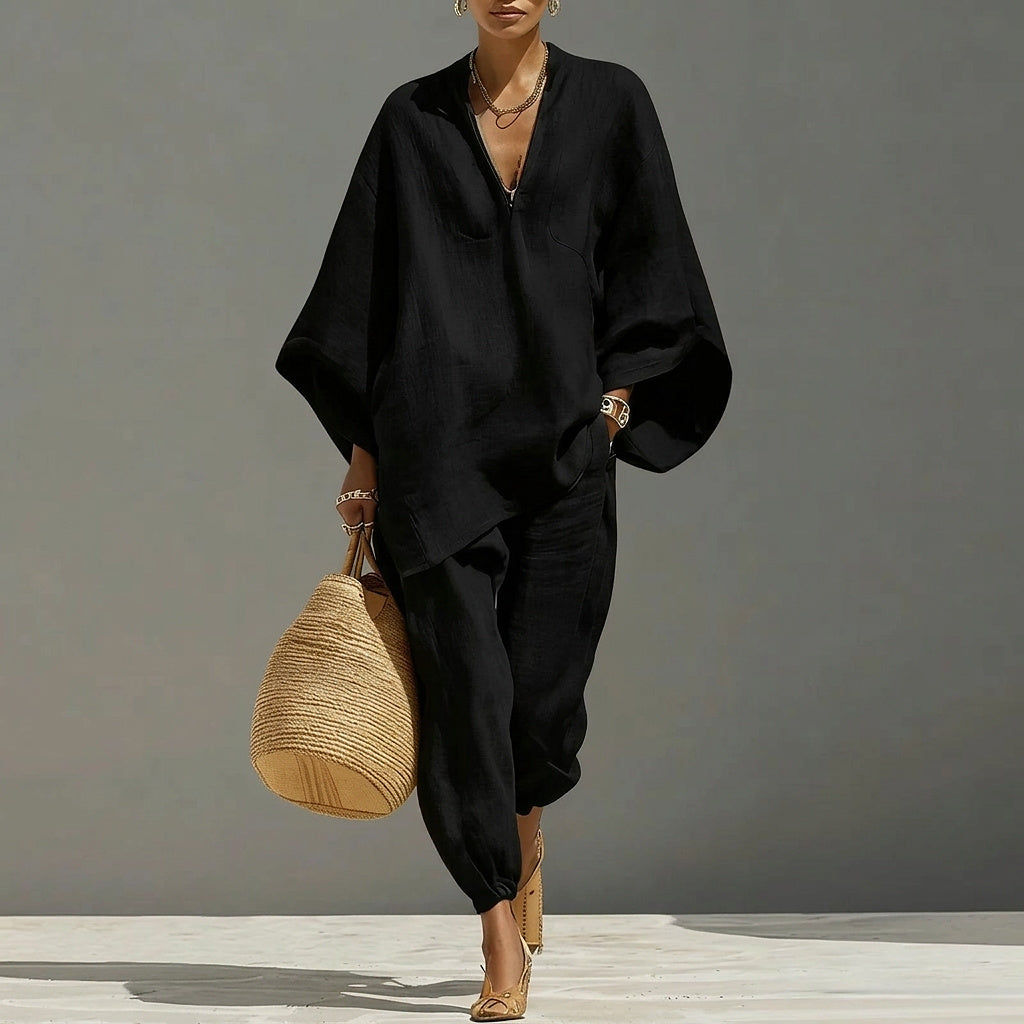 Conjunto de túnica de lino y pantalones de pernera ancha para mujer-Sets for women-Casaluzia