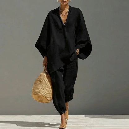Conjunto de túnica de lino y pantalones de pernera ancha para mujer-Sets for women-Casaluzia