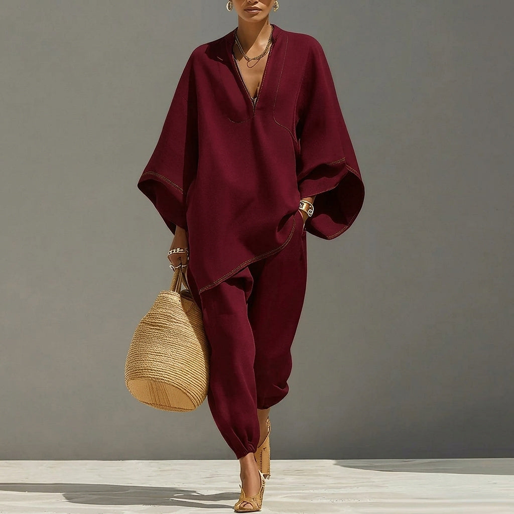 Conjunto de túnica de lino y pantalones de pernera ancha para mujer-Sets for women-Casaluzia