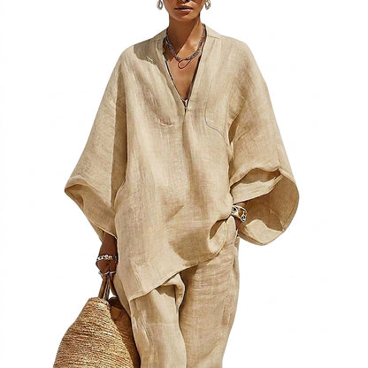 Conjunto de túnica de lino y pantalones de pernera ancha para mujer-Sets for women-Casaluzia