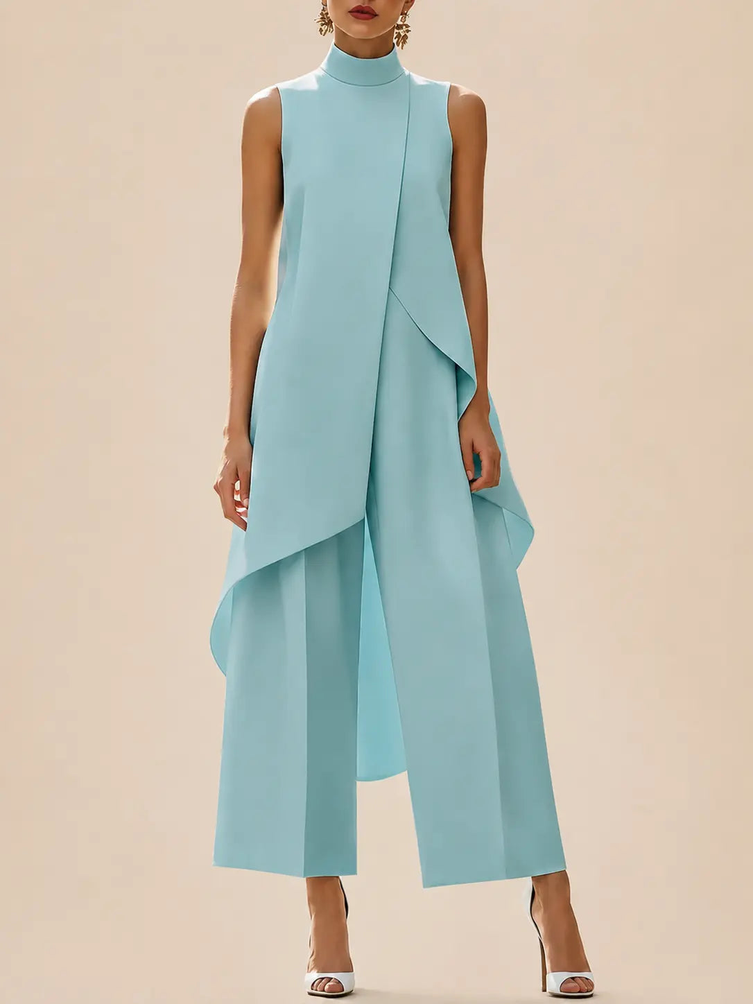 Conjunto de túnica sin mangas con cuello alto y pantalón de pierna ancha para mujer-Sets for women-Casaluzia