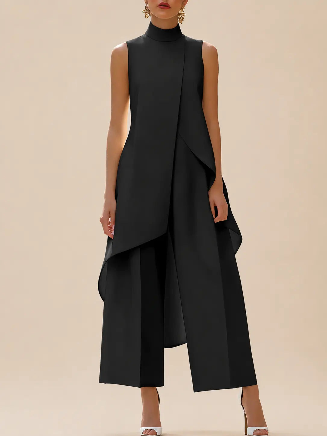 Conjunto de túnica sin mangas con cuello alto y pantalón de pierna ancha para mujer-Sets for women-Casaluzia