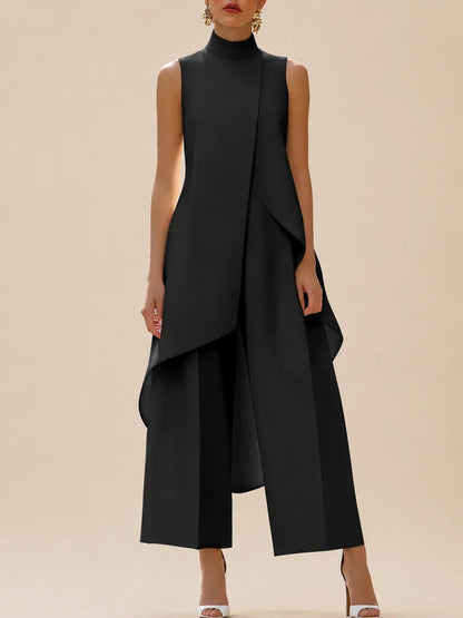 Conjunto de túnica sin mangas con cuello alto y pantalón de pierna ancha para mujer-Sets for women-Casaluzia