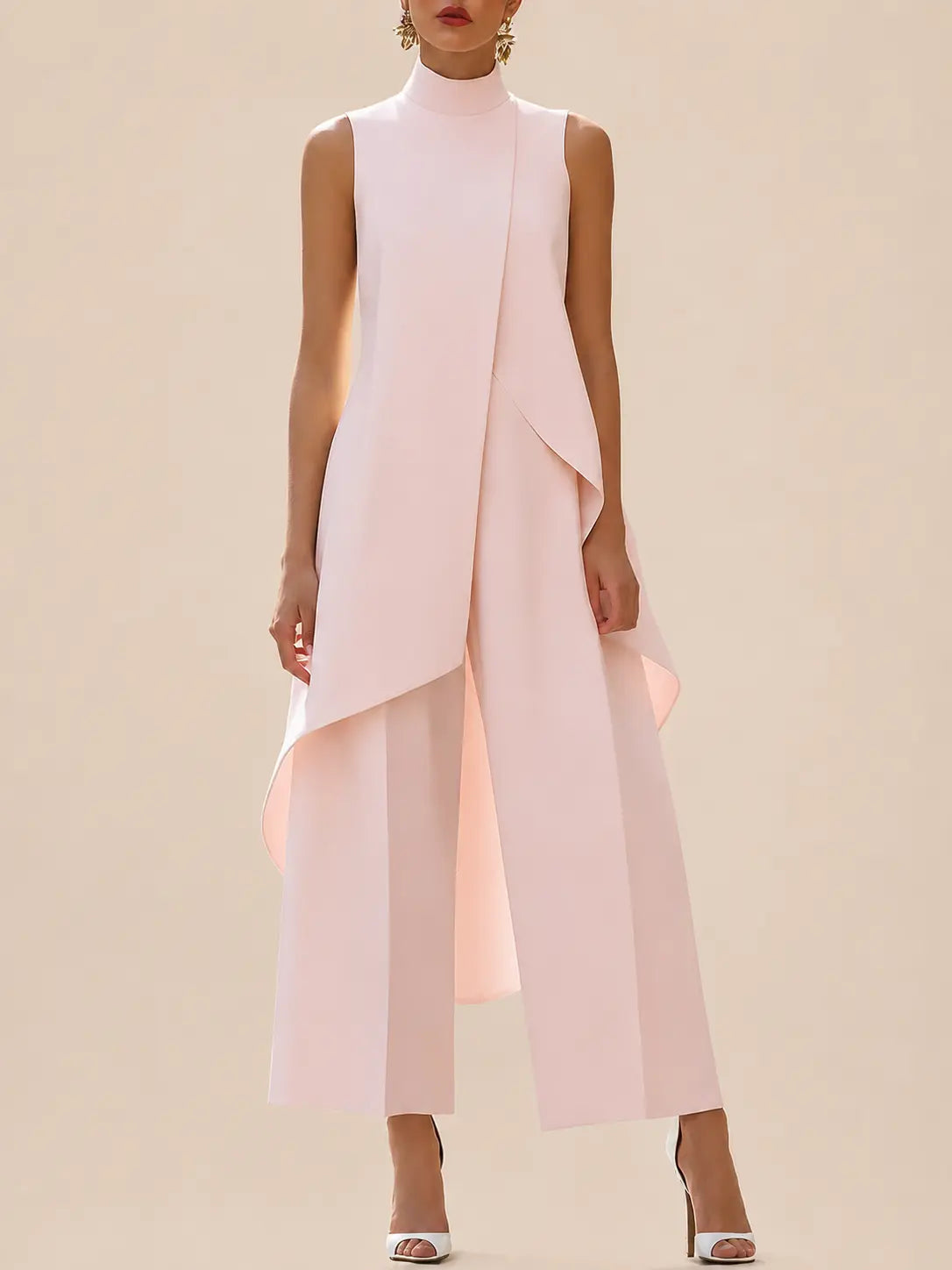 Conjunto de túnica sin mangas con cuello alto y pantalón de pierna ancha para mujer-Sets for women-Casaluzia