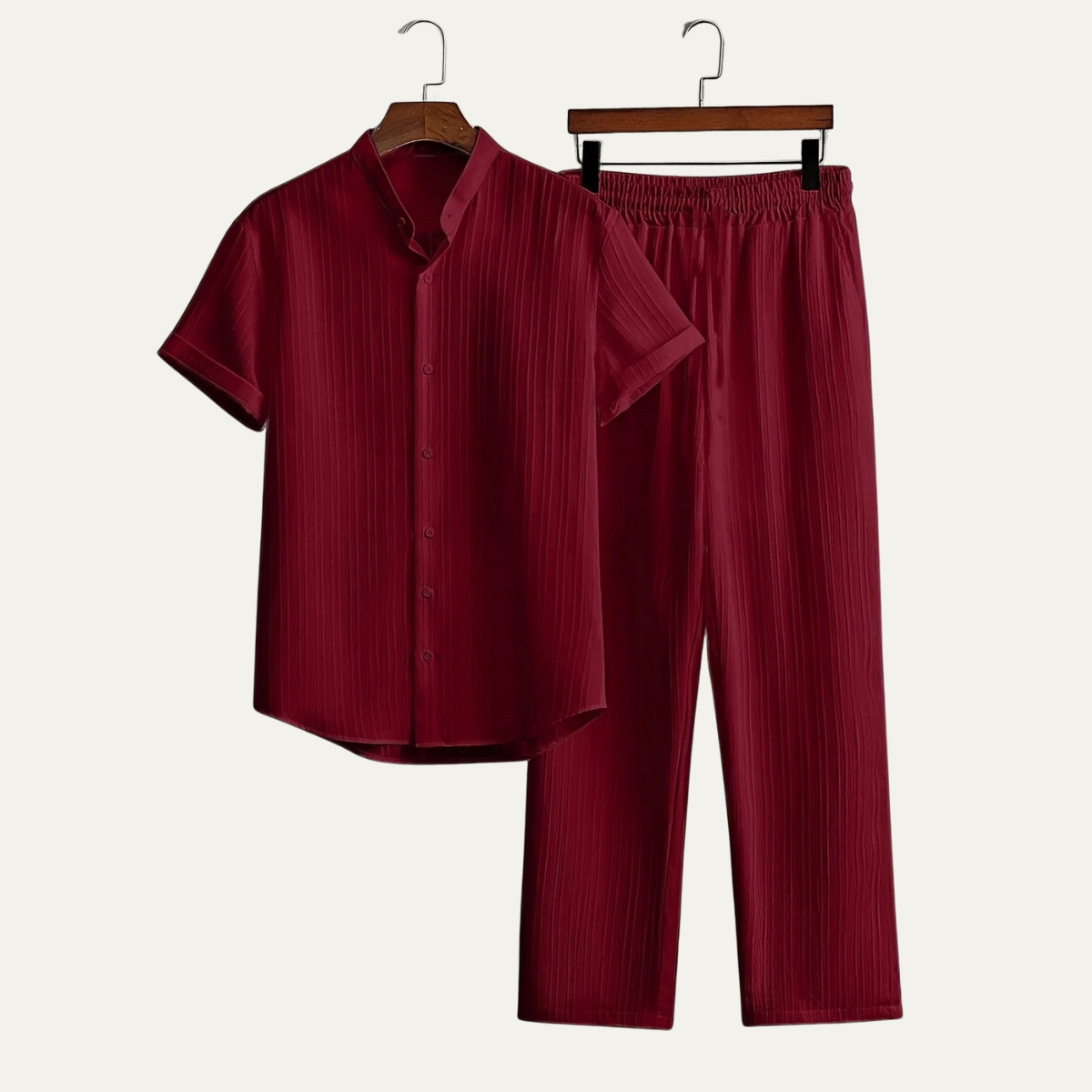 Conjunto hombre con camisa de manga corta con cuello alto y botones y pantalón con cintura elástica-Sets for Men-Casaluzia
