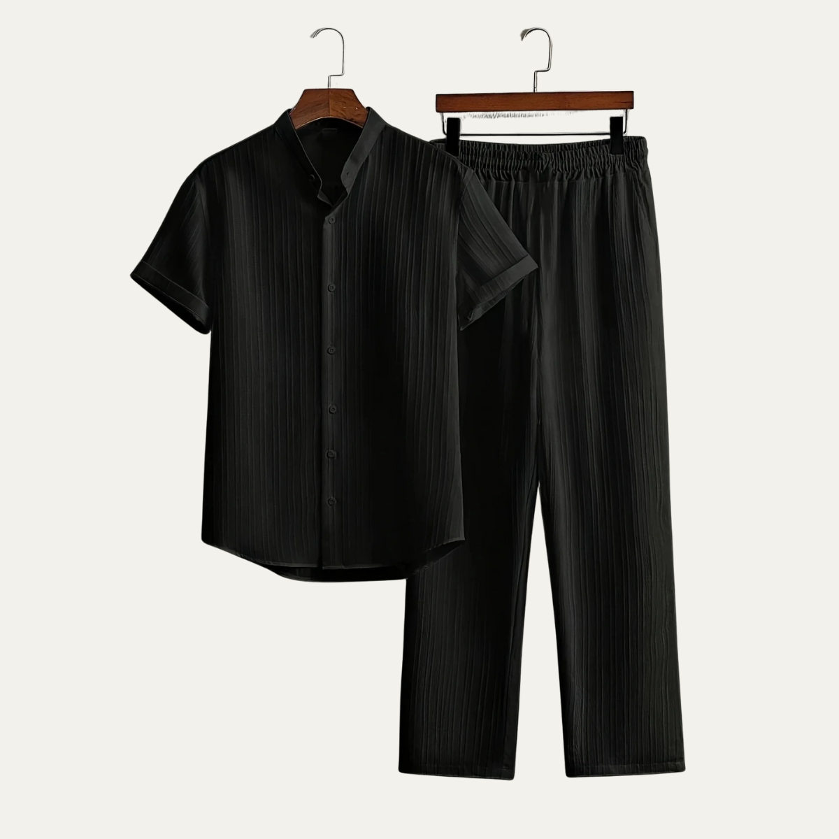 Conjunto hombre con camisa de manga corta con cuello alto y botones y pantalón con cintura elástica-Sets for Men-Casaluzia