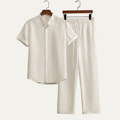 Conjunto hombre con camisa de manga corta con cuello alto y botones y pantalón con cintura elástica-Sets for Men-Casaluzia