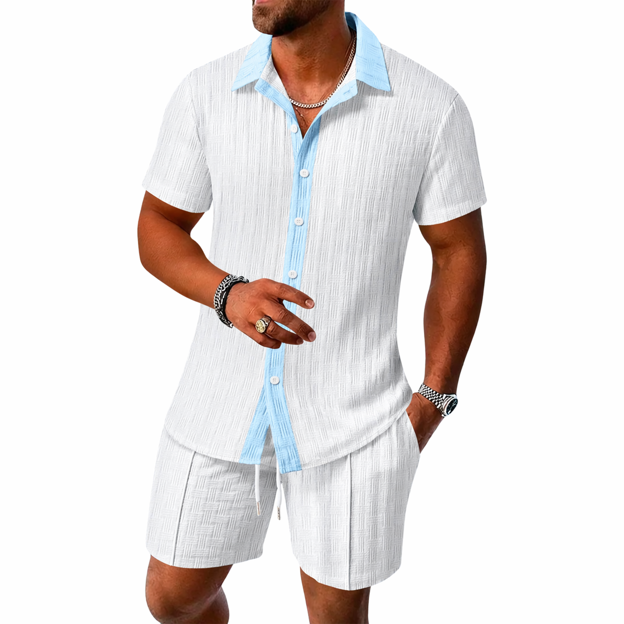 Conjunto hombre con camisa de manga corta con cuello y botones y pantalón corto con cintura elástica y cordón-Sets for Men-Casaluzia