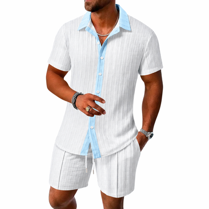Conjunto hombre con camisa de manga corta con cuello y botones y pantalón corto con cintura elástica y cordón-Sets for Men-Casaluzia