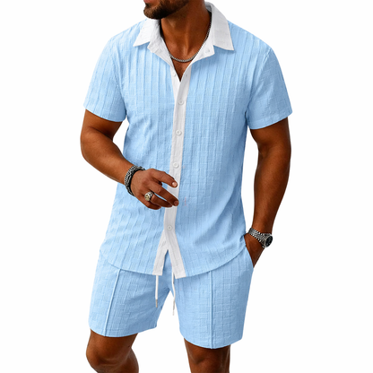 Conjunto hombre con camisa de manga corta con cuello y botones y pantalón corto con cintura elástica y cordón-Sets for Men-Casaluzia