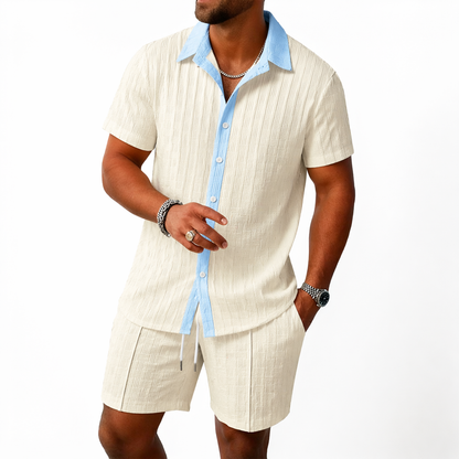 Conjunto hombre con camisa de manga corta con cuello y botones y pantalón corto con cintura elástica y cordón-Sets for Men-Casaluzia