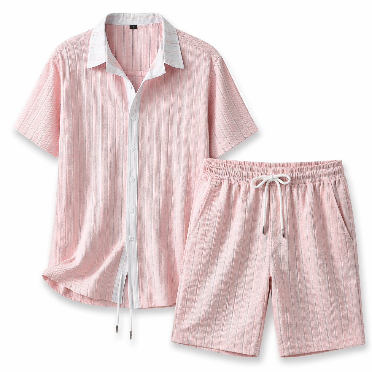 Conjunto hombre con camisa de manga corta con cuello y botones y pantalón corto con cintura elástica y cordón-Sets for Men-Casaluzia