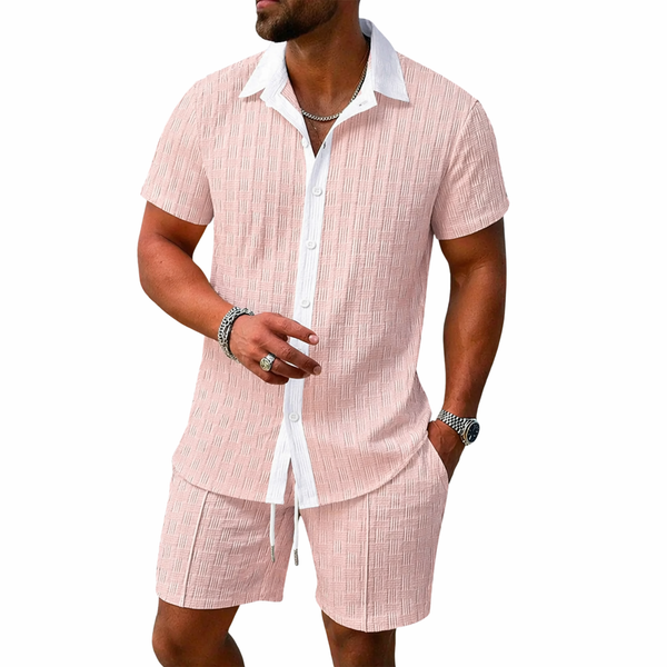 Conjunto hombre con camisa de manga corta con cuello y botones y pantalón corto con cintura elástica y cordón