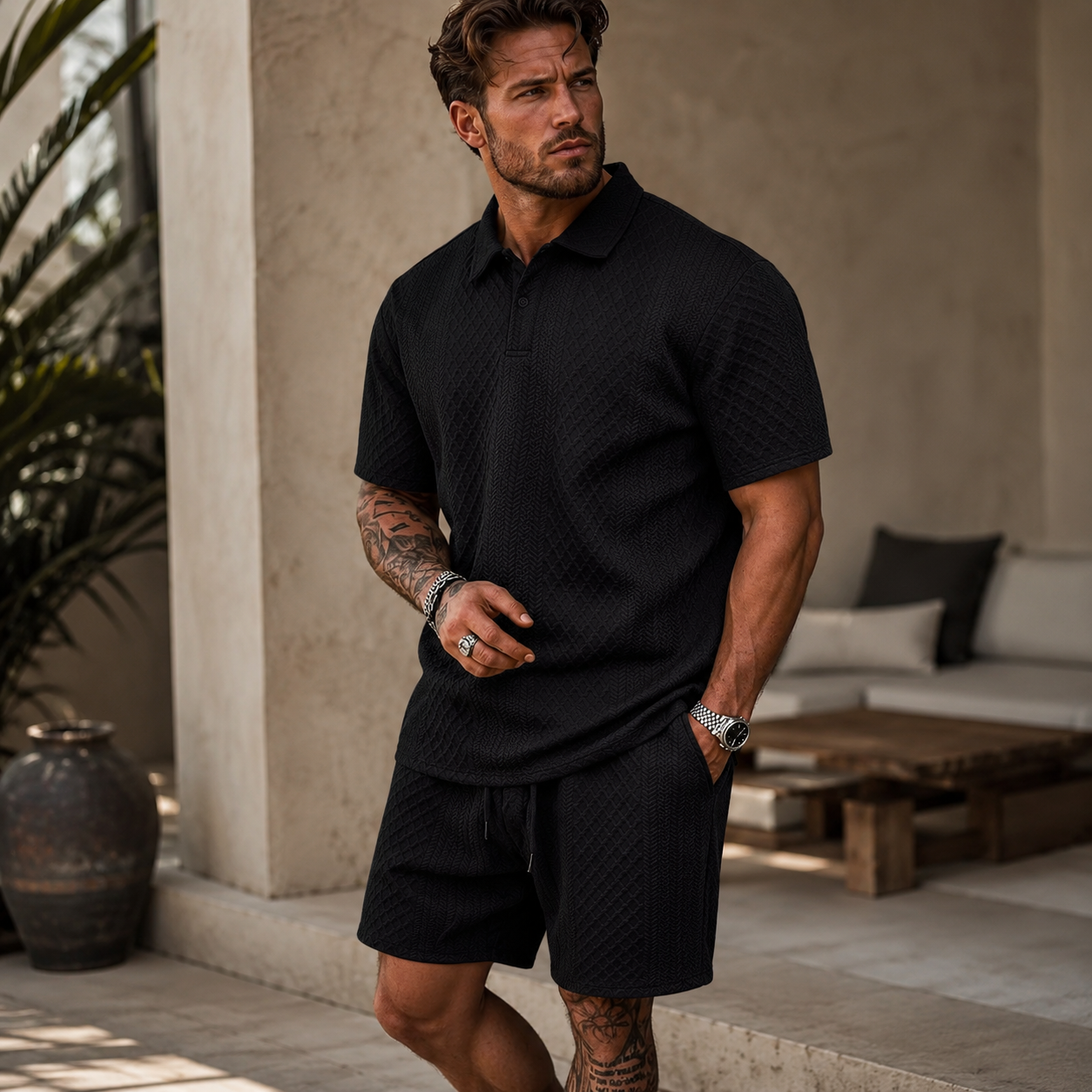 Conjunto para Hombre de Polo y Shorts con Patrón Texturizado Diagonal-Sets for Men-Casaluzia