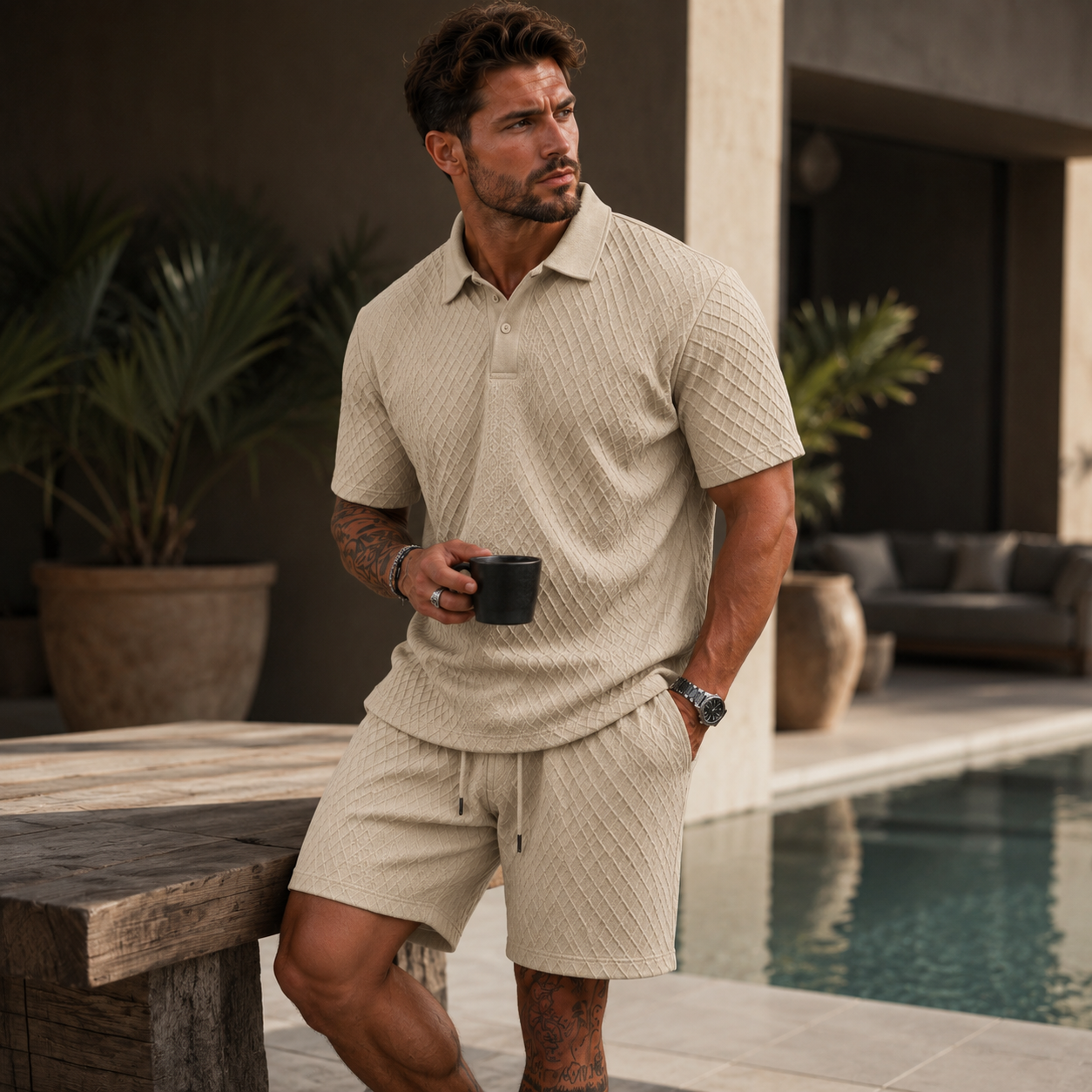 Conjunto para Hombre de Polo y Shorts con Patrón Texturizado Diagonal-Sets for Men-Casaluzia