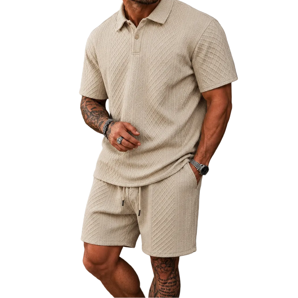 Conjunto para Hombre de Polo y Shorts con Patrón Texturizado Diagonal-Sets for Men-Casaluzia