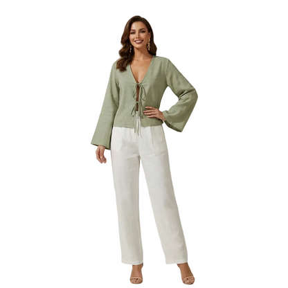 Crop top de mujer con manga larga y cierre de lazo frontal-Tops for women-Casaluzia