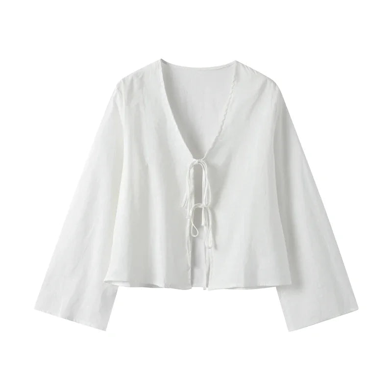 Crop top de mujer con manga larga y cierre de lazo frontal-Tops for women-Casaluzia